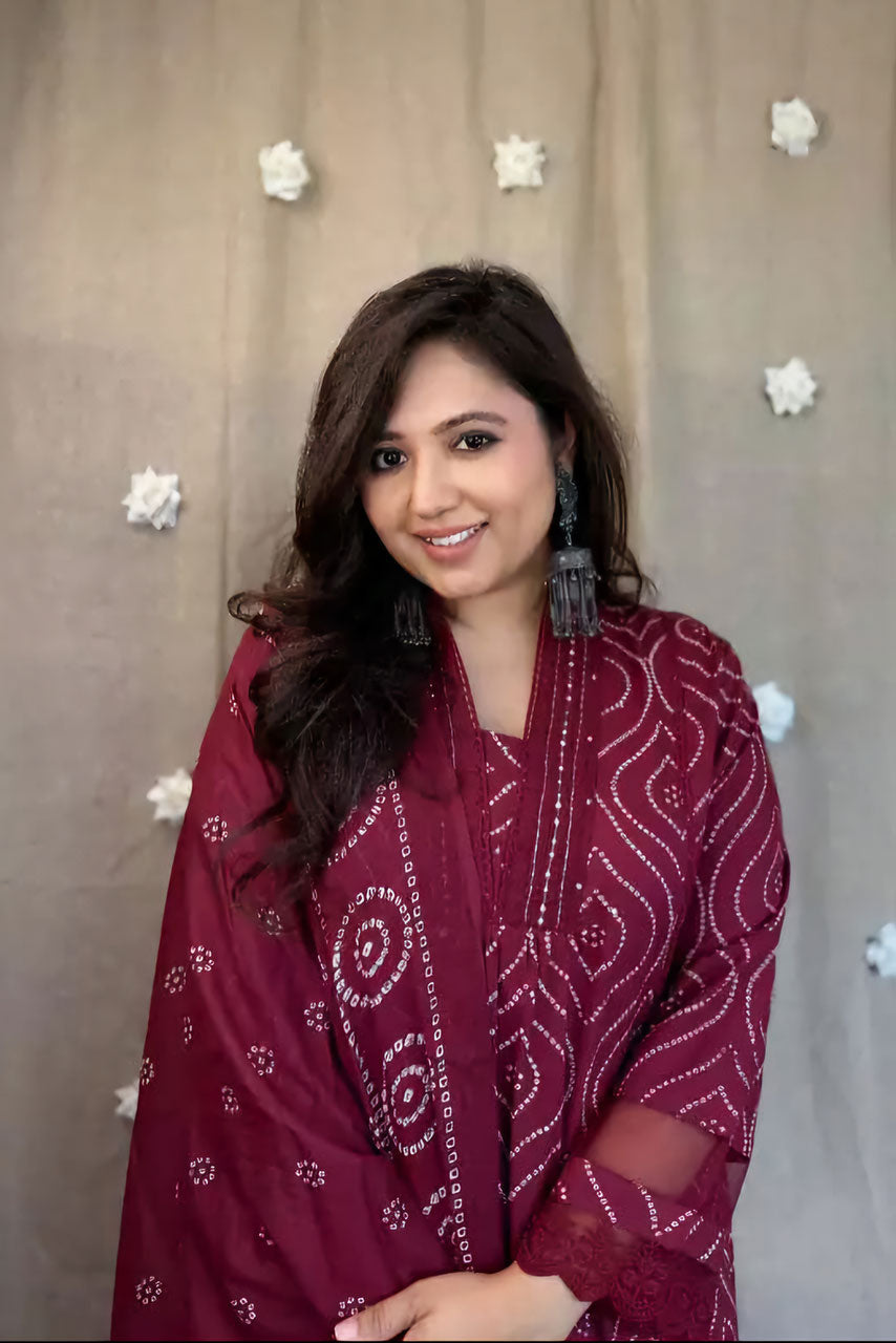 Maroon Embroidered Cotton Suit Set Main image