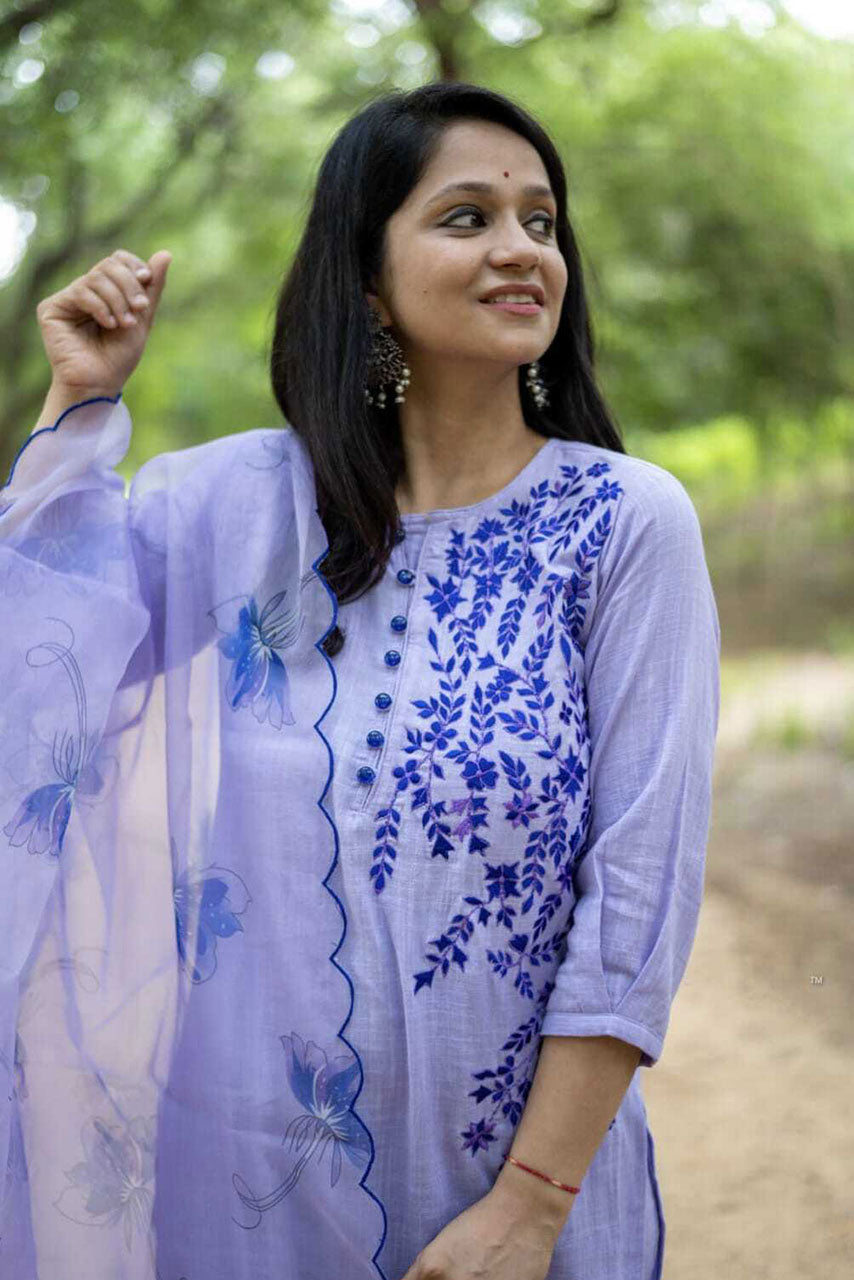 Lavender Embroidered Cotton Suit Set