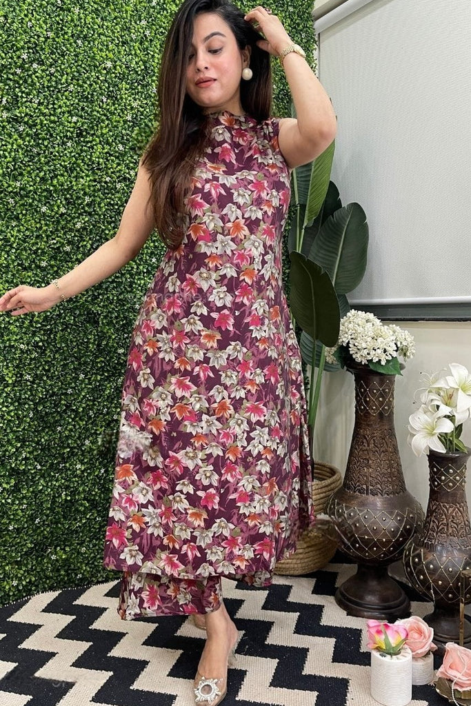 Purple Floral Muslin Digital Print Co-ord Set