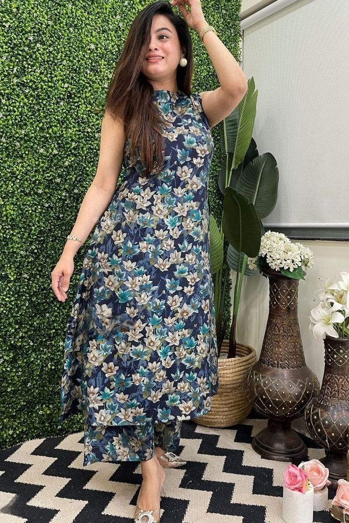 Blue Floral Muslin Digital Print Co-ord Set
