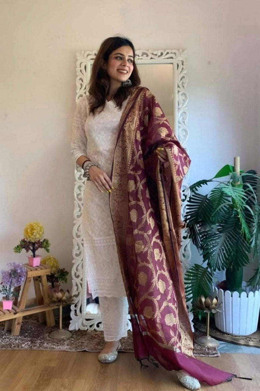 White Chikankari Schiffli Banarasi Cotton Suit Set With Maroon Dupatta Main image