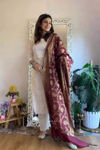 White Chikankari Schiffli Banarasi Cotton Suit Set With Maroon Dupatta