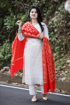 White Chikankari Schiffli Banarasi Cotton Suit Set With Red Dupatta