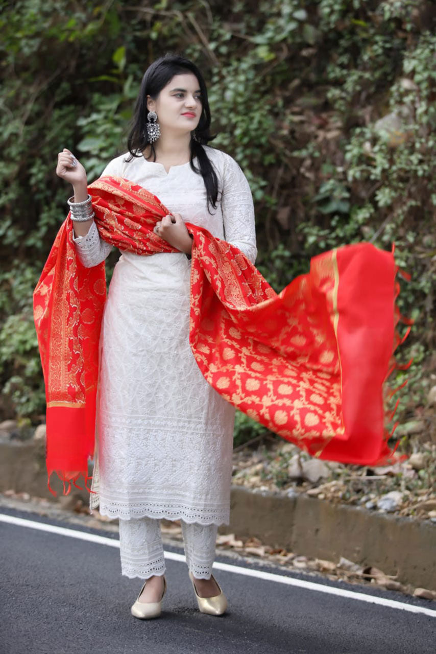 White Chikankari Schiffli Banarasi Cotton Suit Set With Red Dupatta
