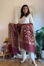 White Chikankari Schiffli Banarasi Cotton Suit Set With Maroon Dupatta
