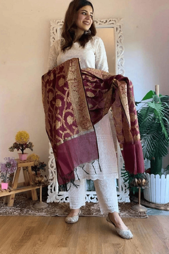 White Chikankari Schiffli Banarasi Cotton Suit Set With Maroon Dupatta