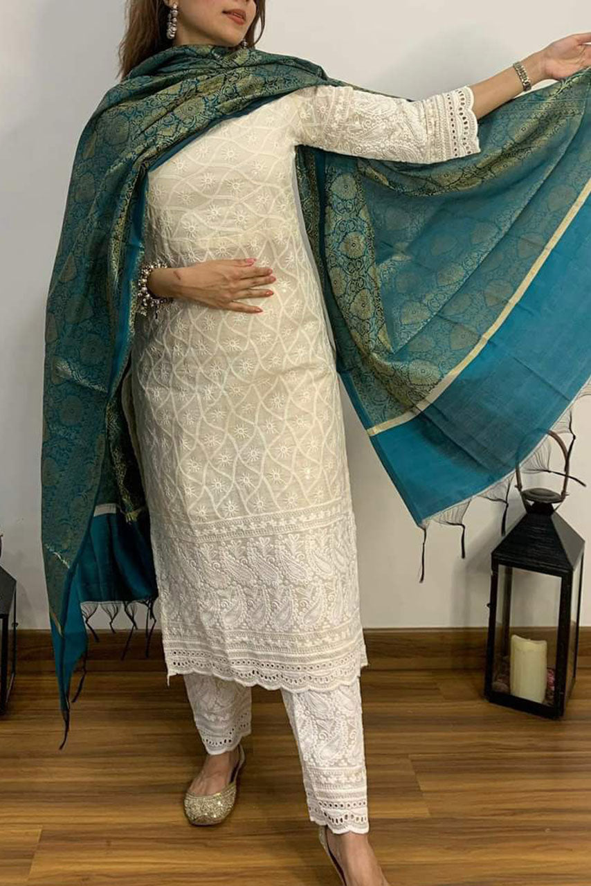 White Chikankari Schiffli Banarasi Cotton Suit Set With Green Dupatta Main image