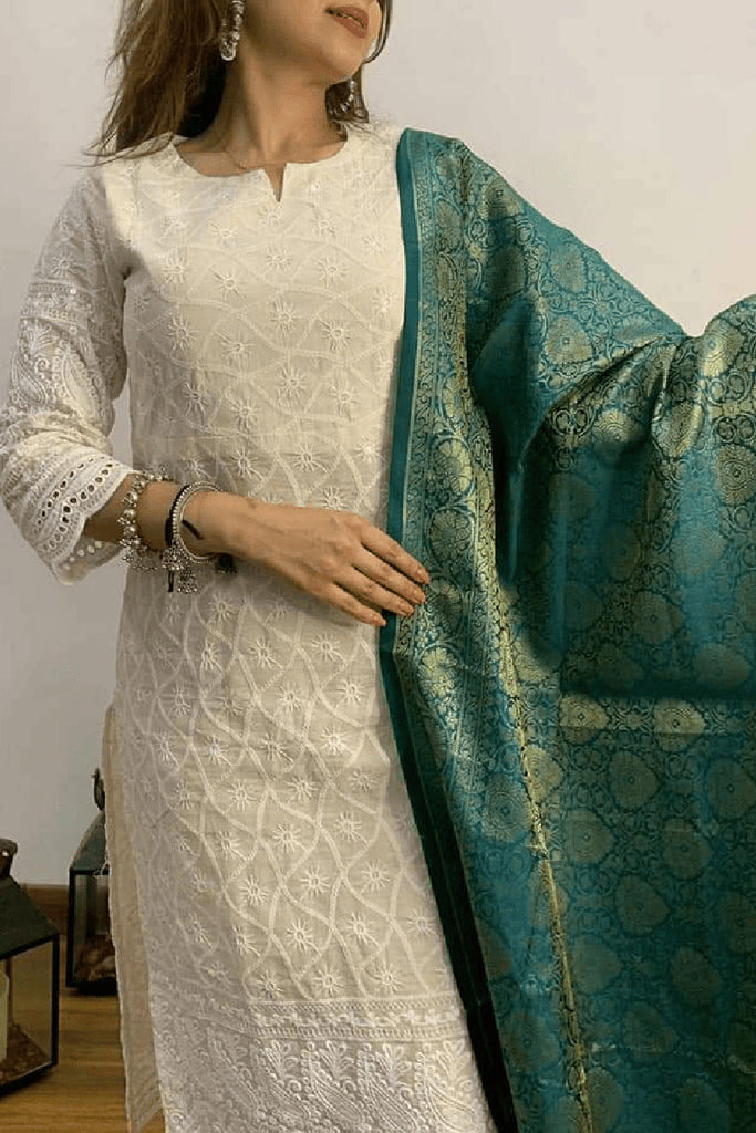 White Chikankari Schiffli Banarasi Cotton Suit Set With Green Dupatta