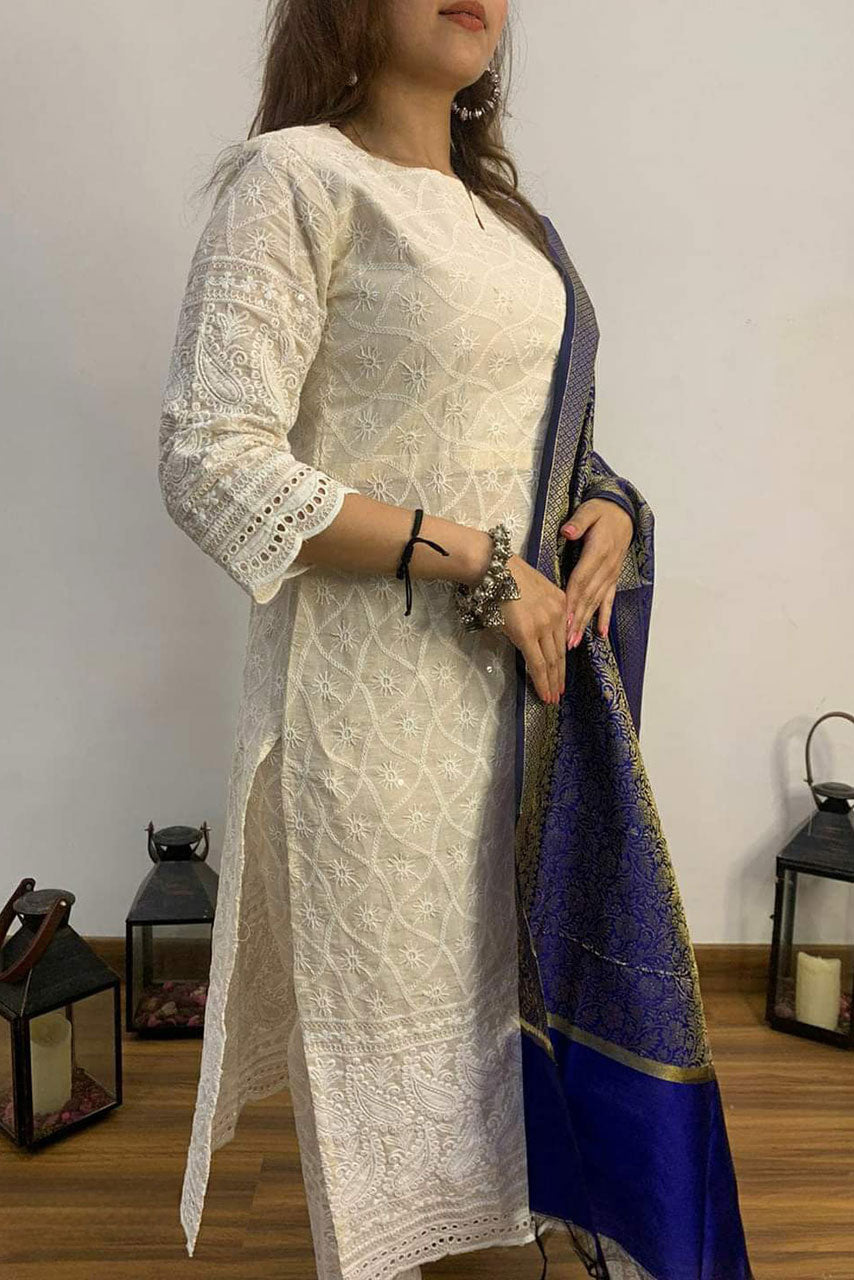 White Chikankari Schiffli Banarasi Cotton Suit Set With Blue Dupatta