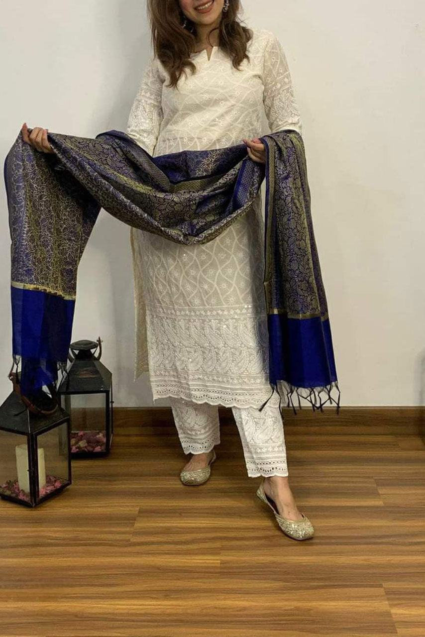 White Chikankari Schiffli Banarasi Cotton Suit Set With Blue Dupatta