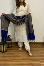 White Chikankari Schiffli Banarasi Cotton Suit Set With Blue Dupatta