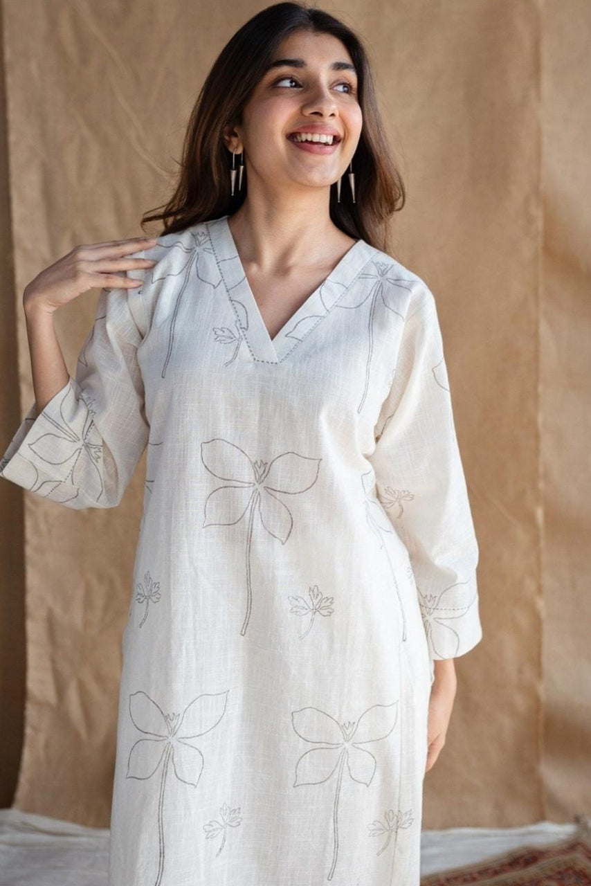 White Floral Printed Cotton Kurta Set