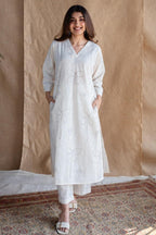 White Floral Printed Cotton Kurta Set