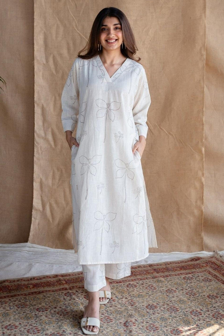 White Floral Printed Cotton Kurta Set