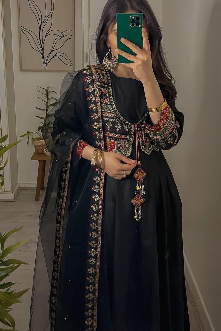 Black Chanderi Silk Embroidered Dress with Dupatta Main image