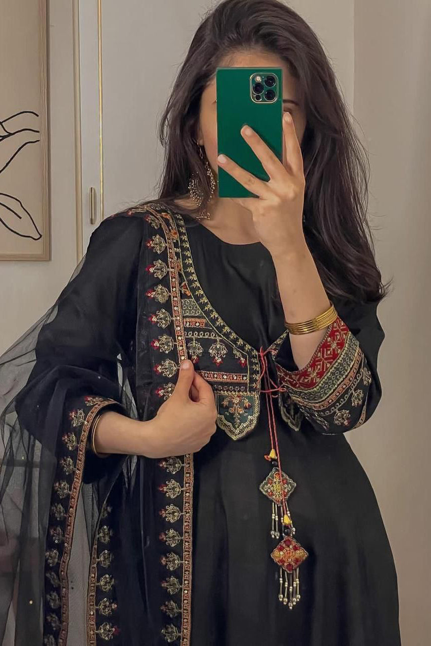 Black Chanderi Silk Embroidered Dress with Dupatta
