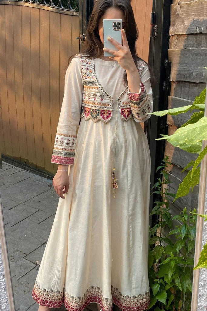 Ivory White Chanderi Silk Embroidered Dress with Dupatta