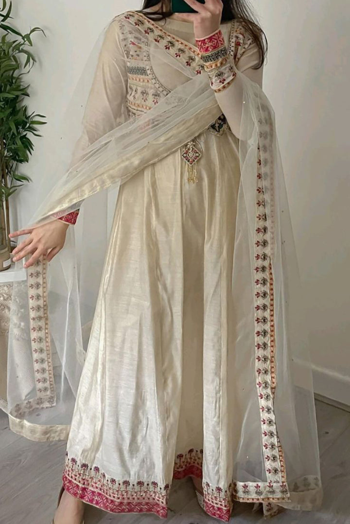 Ivory White Chanderi Silk Embroidered Dress with Dupatta