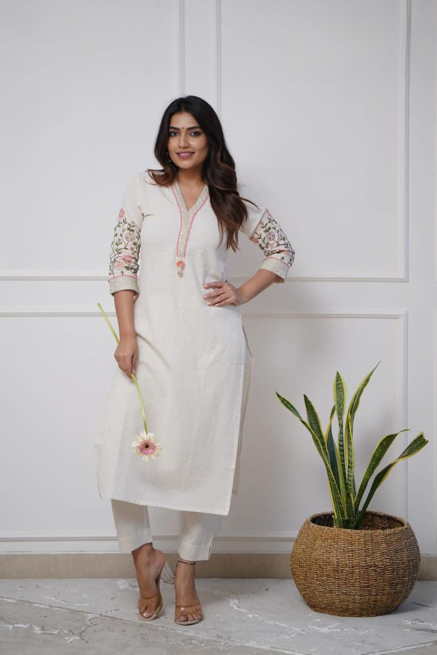 White Embroidered Cotton Kurta Set Main image