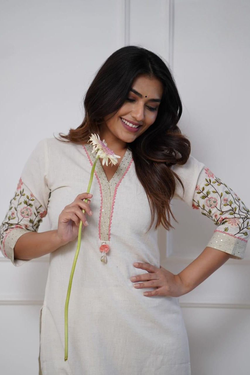 White Embroidered Cotton Kurta Set