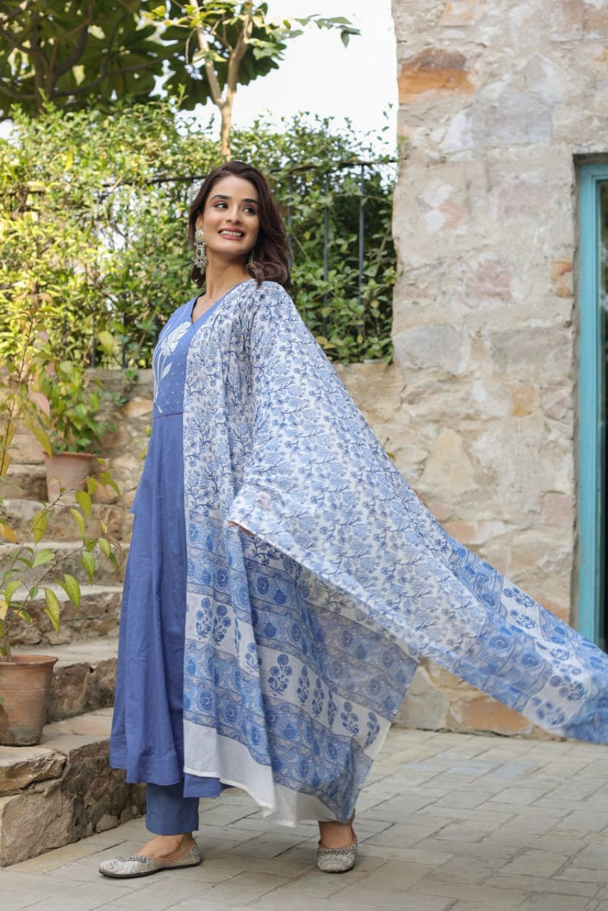 Blue Embroidered Cotton Suit Set