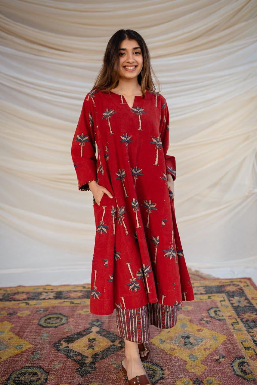 Red Printed Cotton Kurta Set