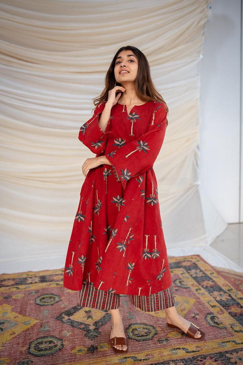 Red Printed Cotton Kurta Set
