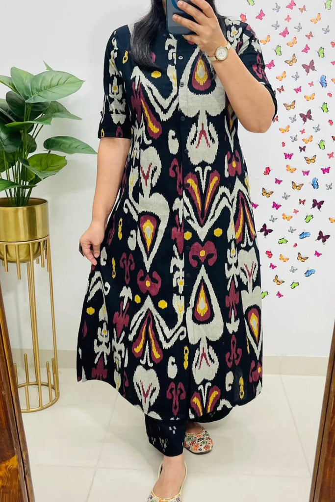 Black Ikkat Printed Cotton Kurta Set