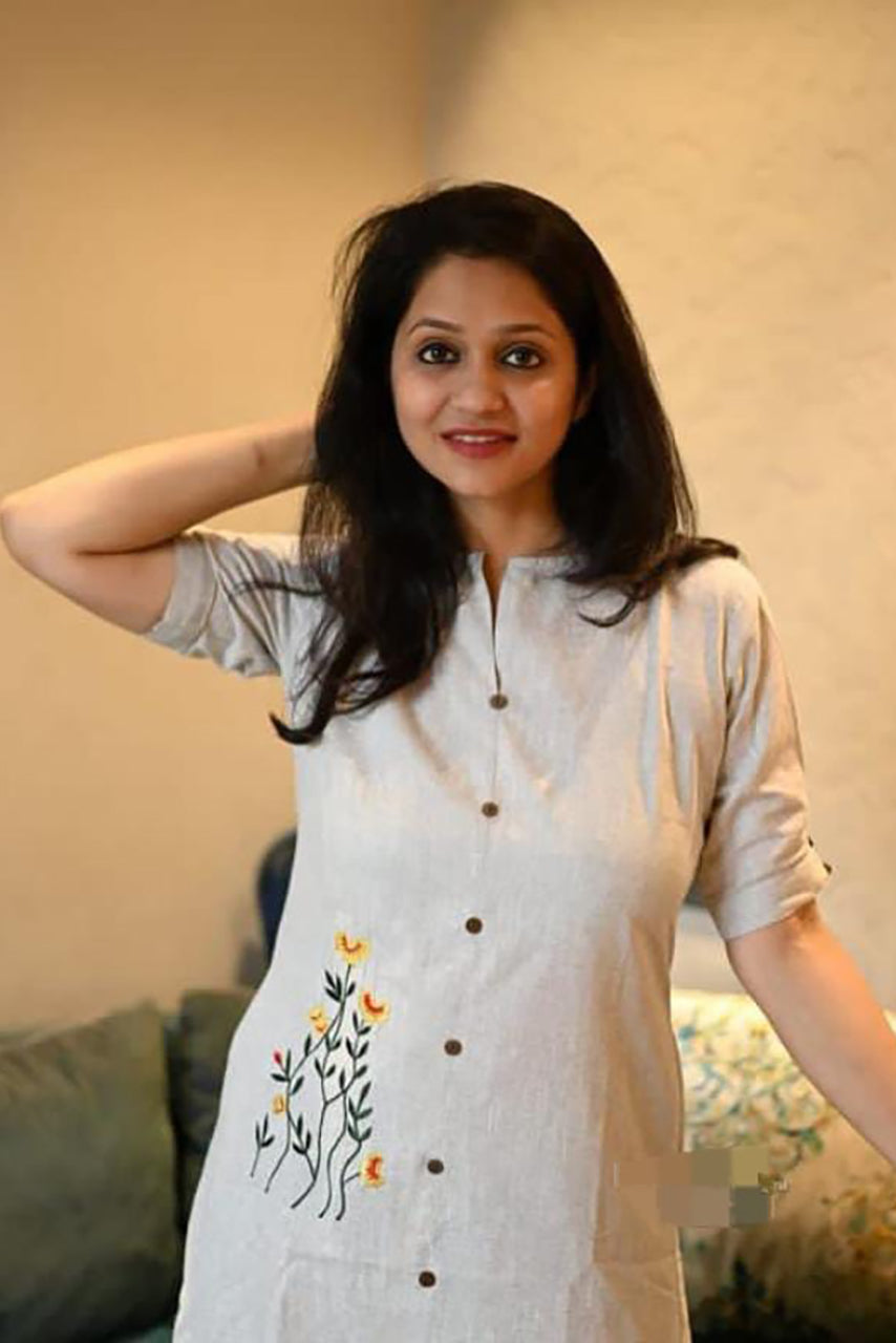 Light Gray Khadi Cotton Embroidered Dress Main image