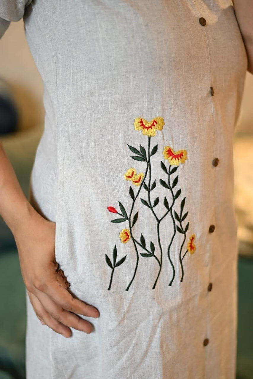 Light Gray Khadi Cotton Embroidered Dress