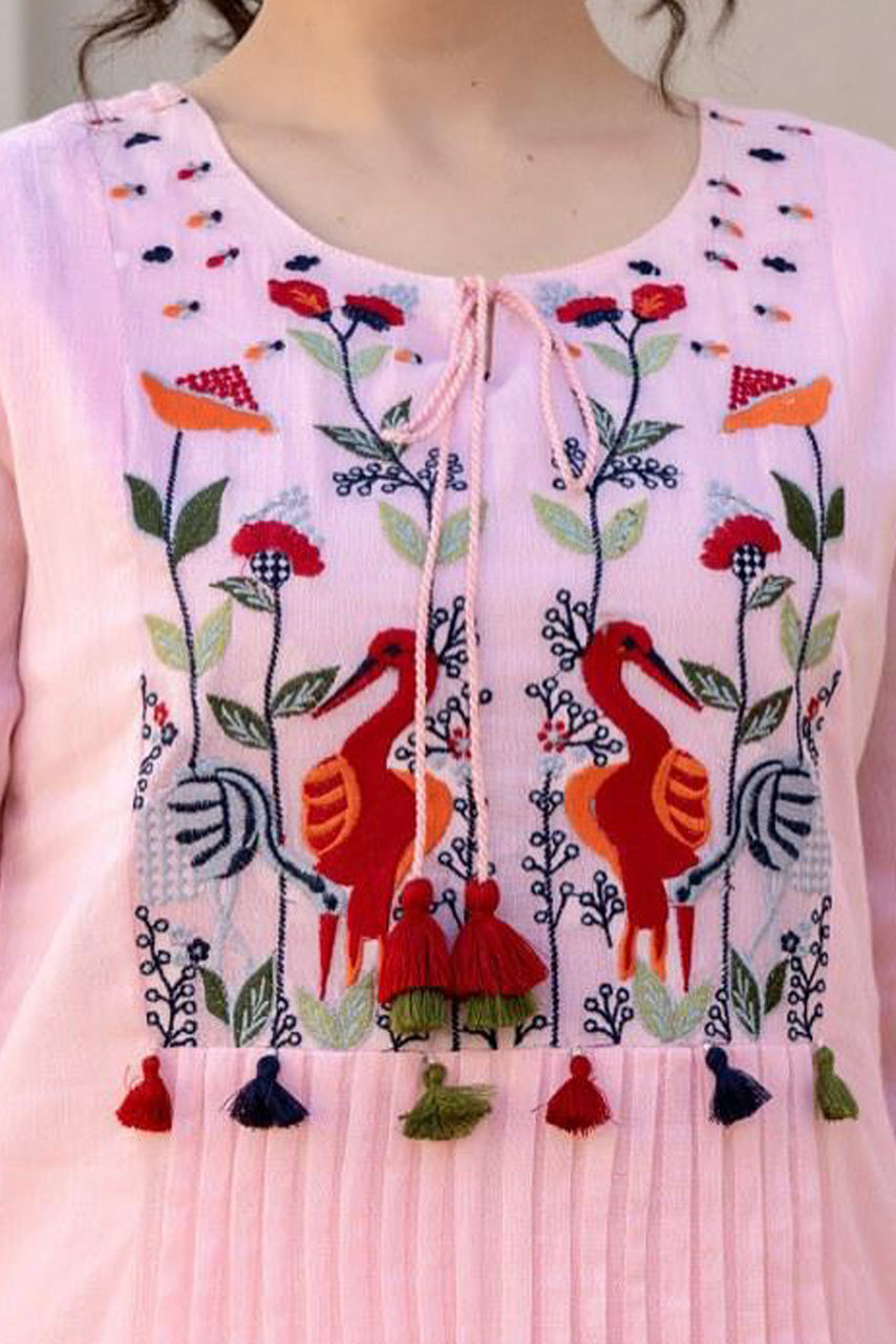 Pink Embroidered Cotton Kurta Set