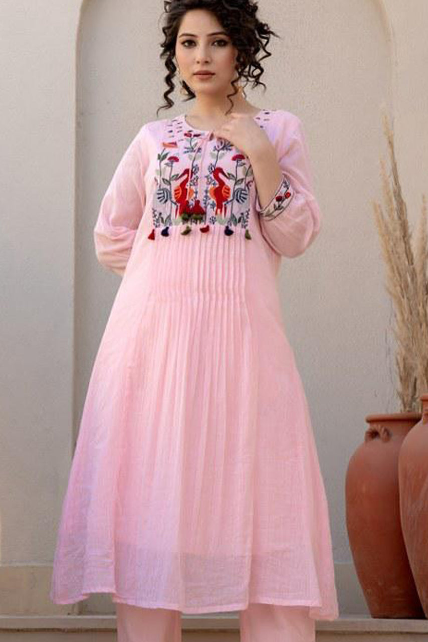 Pink Embroidered Cotton Kurta Set Main image