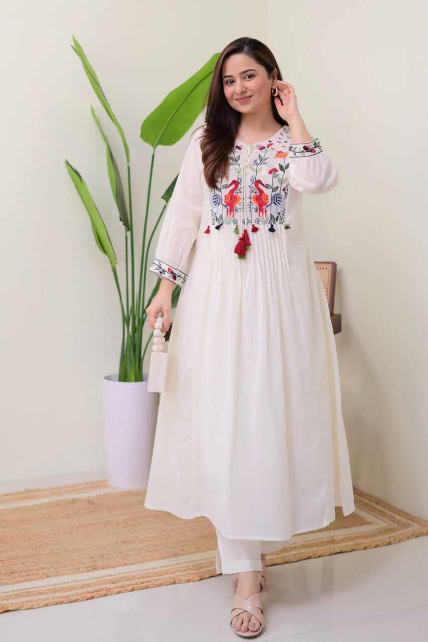 White Embroidered Cotton Kurta Set Main image
