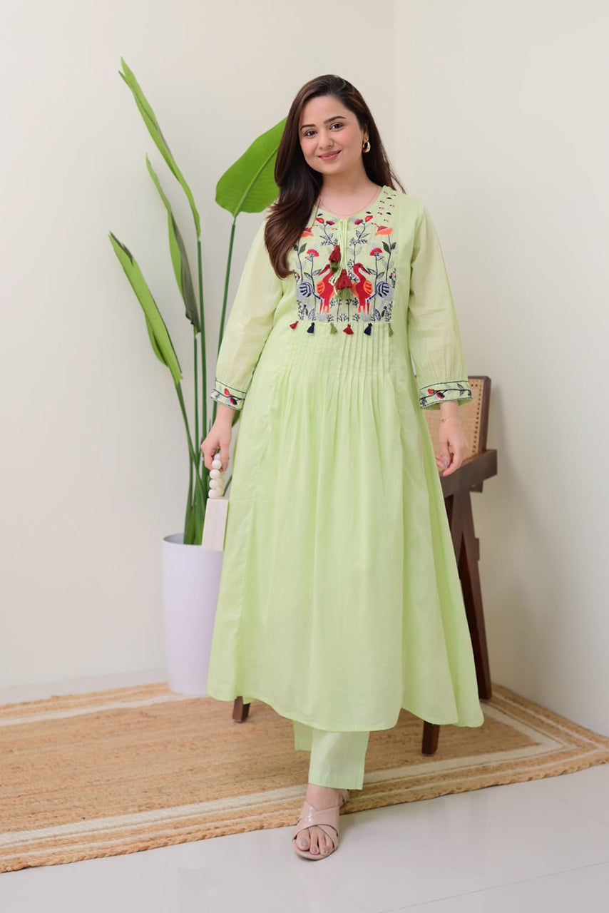Green Embroidered Cotton Kurta Set Main image