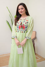 Green Embroidered Cotton Kurta Set