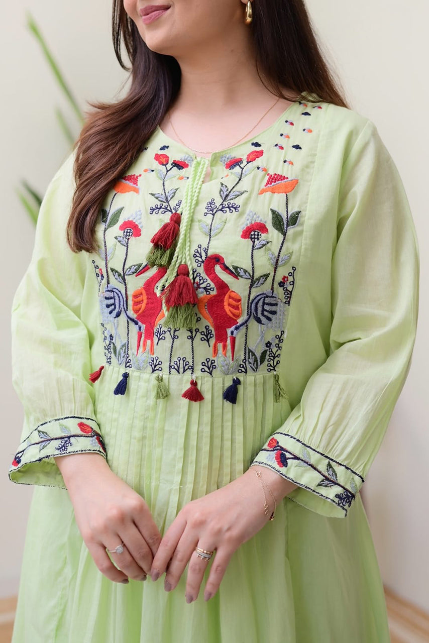 Green Embroidered Cotton Kurta Set