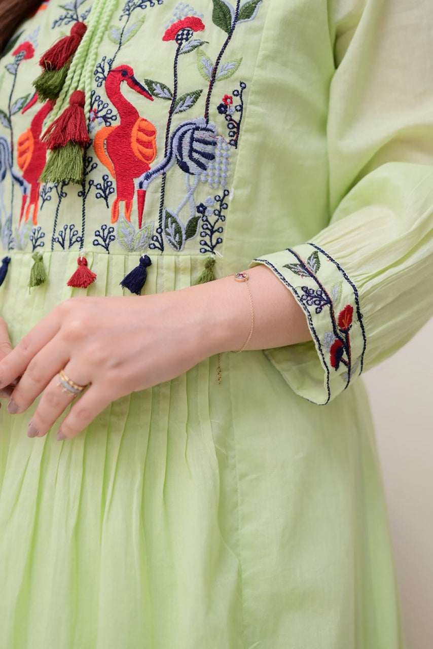 Green Embroidered Cotton Kurta Set