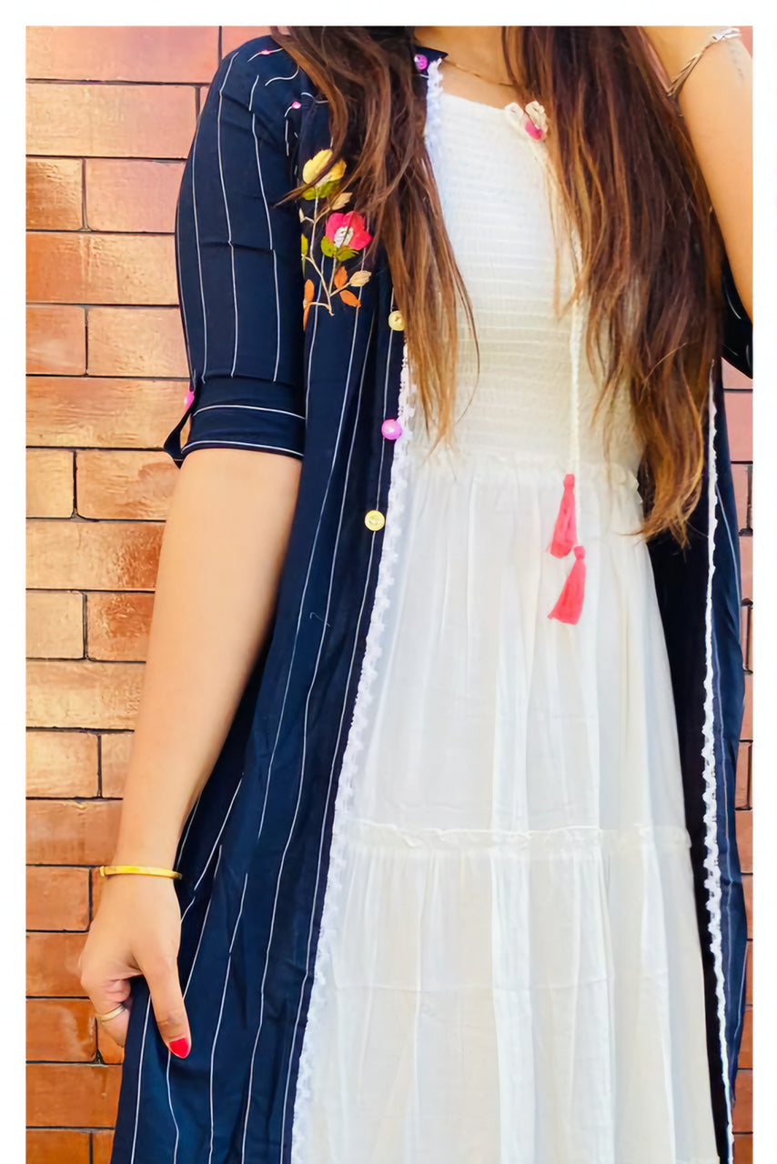 White Rayon Dress with Shrug