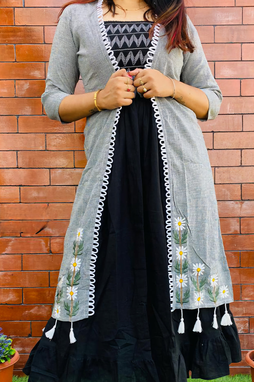 Black Embroidered Rayon Dress with Checkered Print Shrug