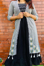 Black Embroidered Rayon Dress with Checkered Print Shrug