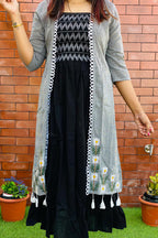 Black Embroidered Rayon Dress with Checkered Print Shrug