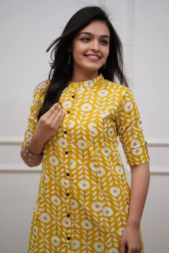 Yellow Printed Rayon Kurta Set