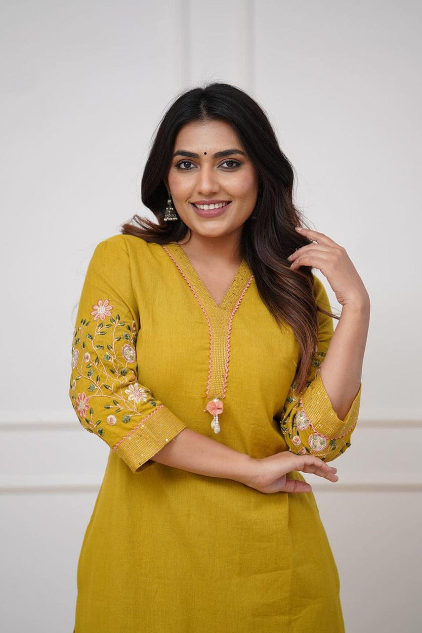 Yellow Embroidered Cotton Kurta Set Main image