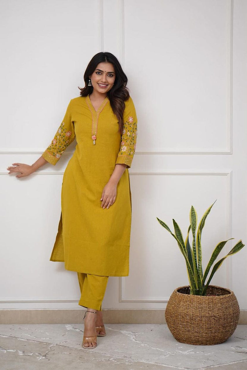 Yellow Embroidered Cotton Kurta Set