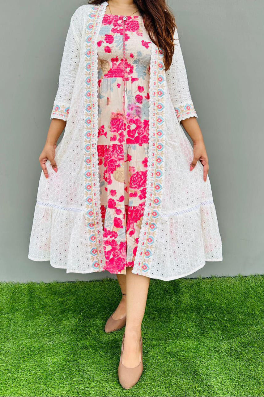 White Floral Printed Cotton Dress with Shrug