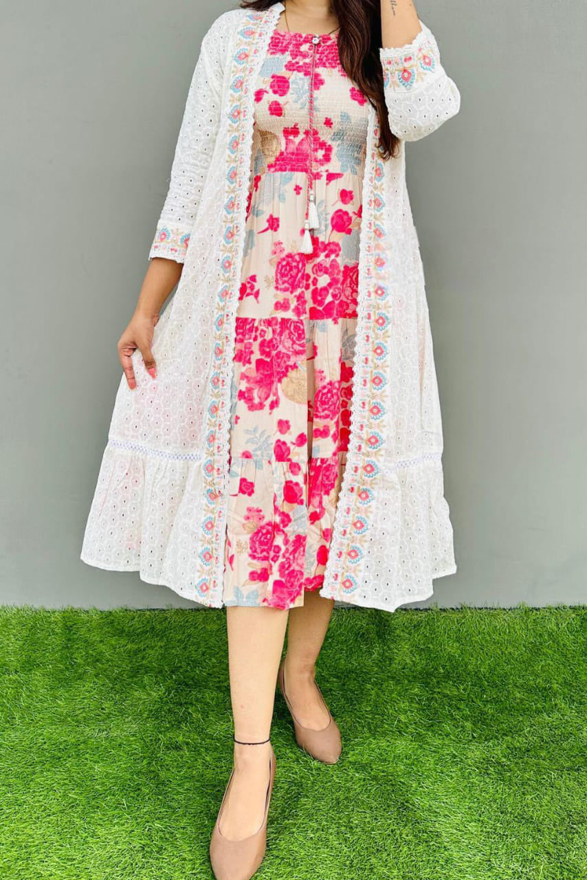 White Floral Printed Cotton Dress with Shrug