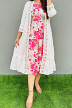 White Floral Printed Cotton Dress with Shrug