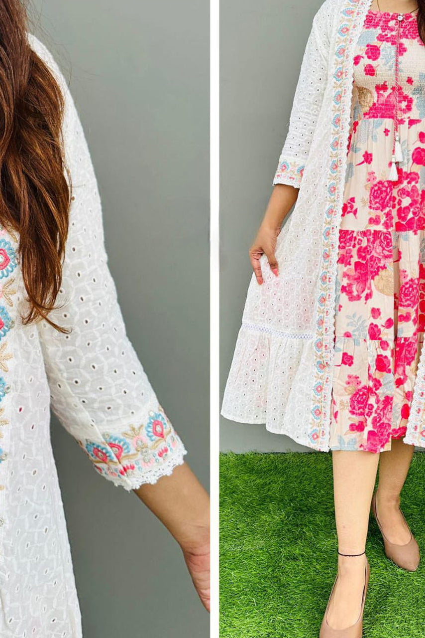 White Floral Printed Cotton Dress with Shrug