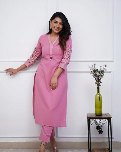 Pink Embroidered Cotton Kurta Set