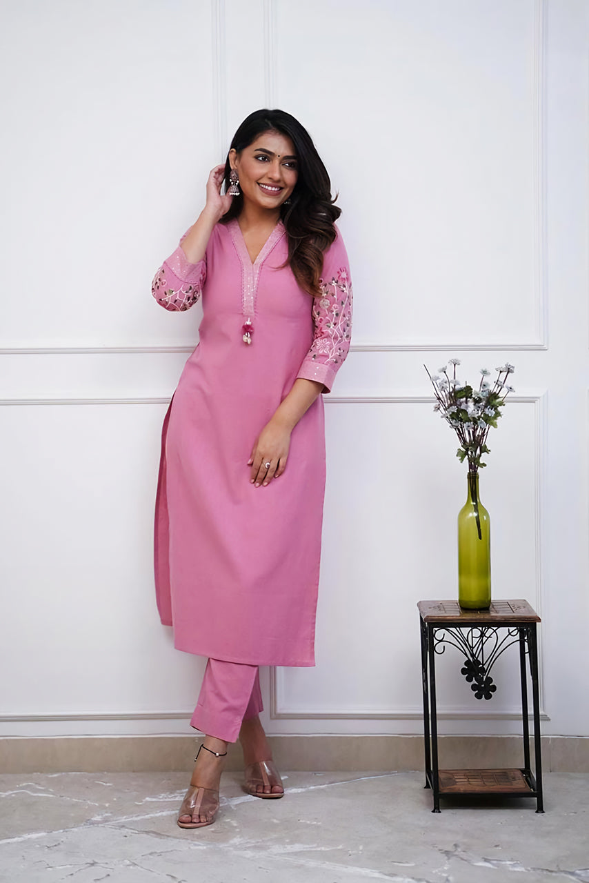 Pink Embroidered Cotton Kurta Set Secondary image
